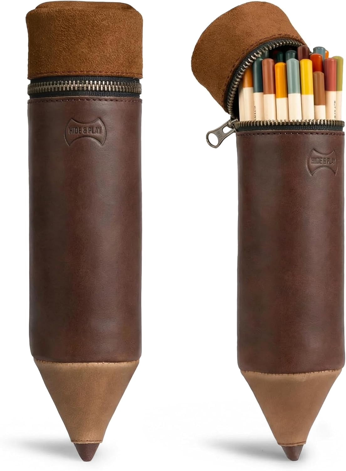 Pencil-Shaped Case for Pens, Pencils, Markers, and Office Accessories, Zippered Bag, Pen Storage, Full Grain Leather, Handmade (Bourbon Brown)