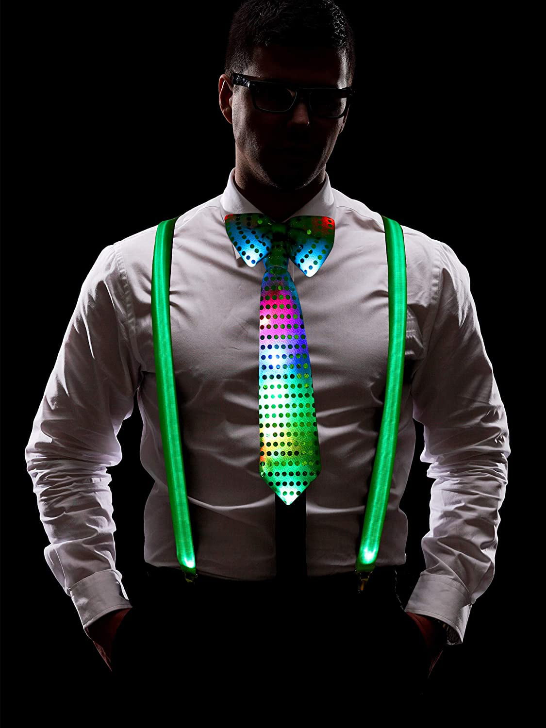 Pre-tied Bowtie and Necktie for Festival Party Supplies Costume Accessory Sets Include Light Up LED Y Back Suspenders