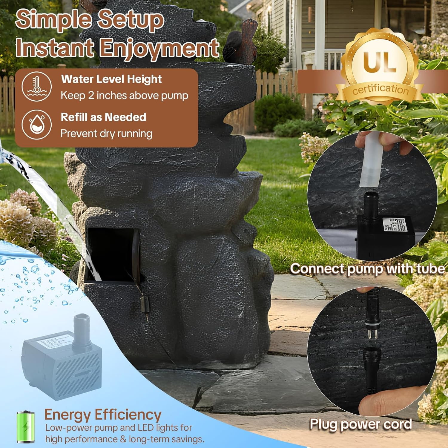 HOMEDIARY Outdoor Water Fountain, 22.3" H 5-Tier Cascading Waterfall Fountain with LED Lights & Adjustable Pump, Decorative Birds Water Feature with Natural Rock Finish for Patio, Backyard & Deck