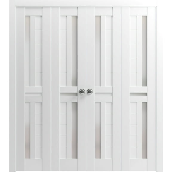 Sliding Closet Double Bi-fold Doors | Veregio 7288 White Silk with Frosted Glass | Sturdy Tracks Moldings Trims Hardware Set | Wood Solid Bedroom Wardrobe Doors