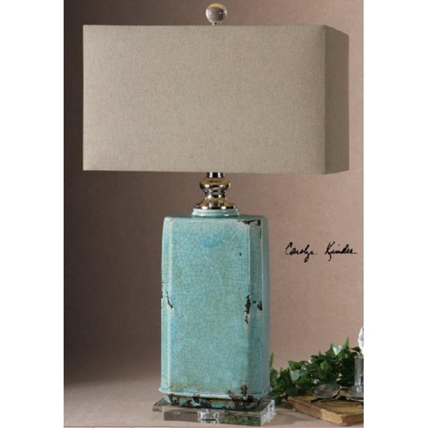 30" Distressed Turquoise Blue Crackle Decorative Glazed Ceramic Table