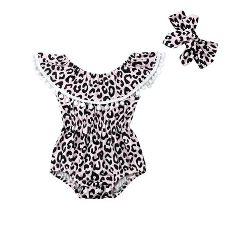 Toddler Baby Girl Leopard Romper Off Shoulder Ruffle Tassels Ball Jumpsuit Bodysuit Headband Outfit Sets