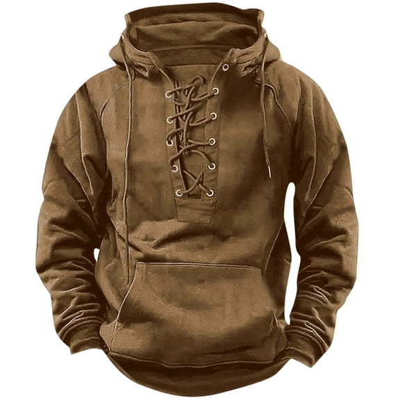Havenx Mens Military Sweatshirts Lace Up Long Sleeve Hoodies with Pockets Solid Color Hooded Sweatshirts Jackets Workout Hiking Outdoor Hunting Fall Winter Athletic Pullover,Khaki XL