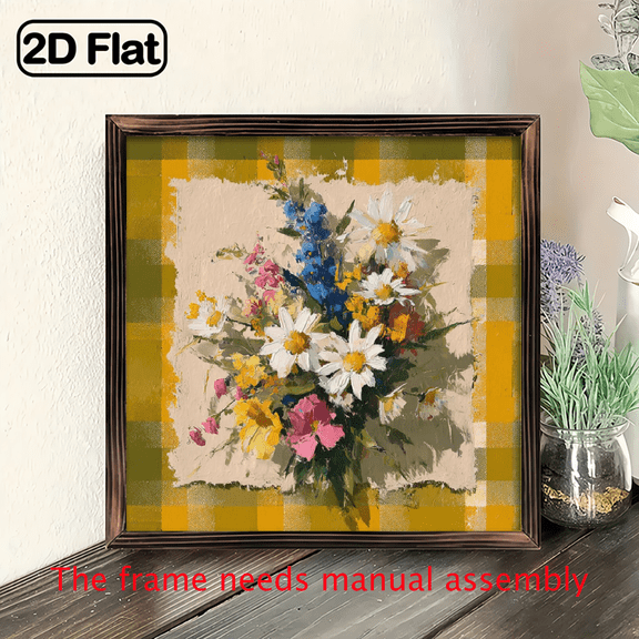 Country Farmhouse Floral Wall Art with Wood Frame - 20x20 cm Rustic Beige Mustard-Yellow Gingham Checkered Border, White Daisies Pink Roses Bouquet Painting - Horizontal/Vertical Hanging for Bed