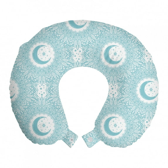 Oriental Travel Pillow Neck Rest, Monochrome Bohemian Illustration of Floral Details and Crescent Moon, Memory Foam Traveling Accessory Airplane and Car, 12", Blue Grey and White, by Ambesonne