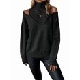 thumbnail image 5 of Women Cold Shoulder Sweater Turtelneck Cut Out Pullover Sweater Casual Long Sleeve High Neck 2 in 1 Tops Black S, 5 of 10
