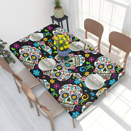 

Home Deluxe Tablecloth Sugar Skulls Waterproof Elastic Rim Edged Table Cover- For Christmas Parties And Picnics 4ft