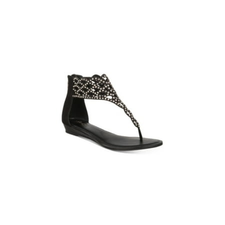 

THALIA SODI Womens Black Cutout Pattern Scalloped Trim Glitzy Rhinestone Ilene Round Toe Zip-Up Thong Sandals 6 M