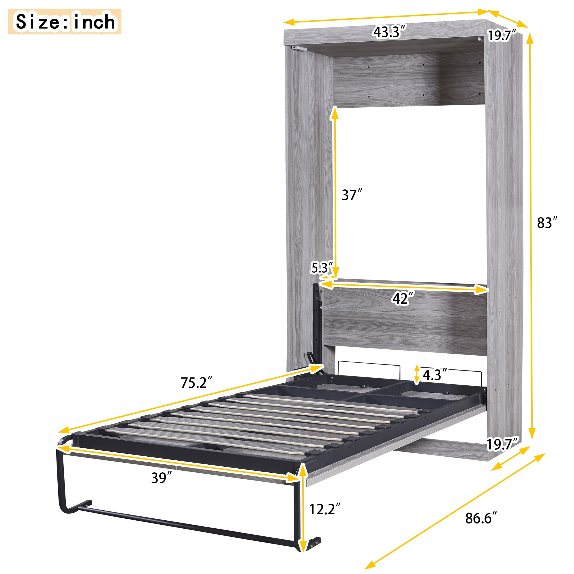 Euroco Pine Wood Twin Size Murphy Bed, Convertible Wall Bed into A Cabinet for Kids Teens, Gray