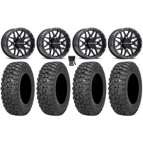 Raceline Krank 15" Wheels Black 35 Trail Saw 2.0 Tires Can-Am Maverick X3 / Honda Pioneer 1000 / Talon