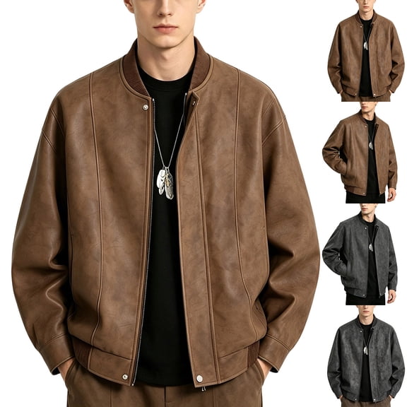 Thousandth Men's Vintage Bomber Jacket Casual Faux Leather Button Up Outerwear Coat Loose Fit Baseball Jacket for Fall Daily Wear