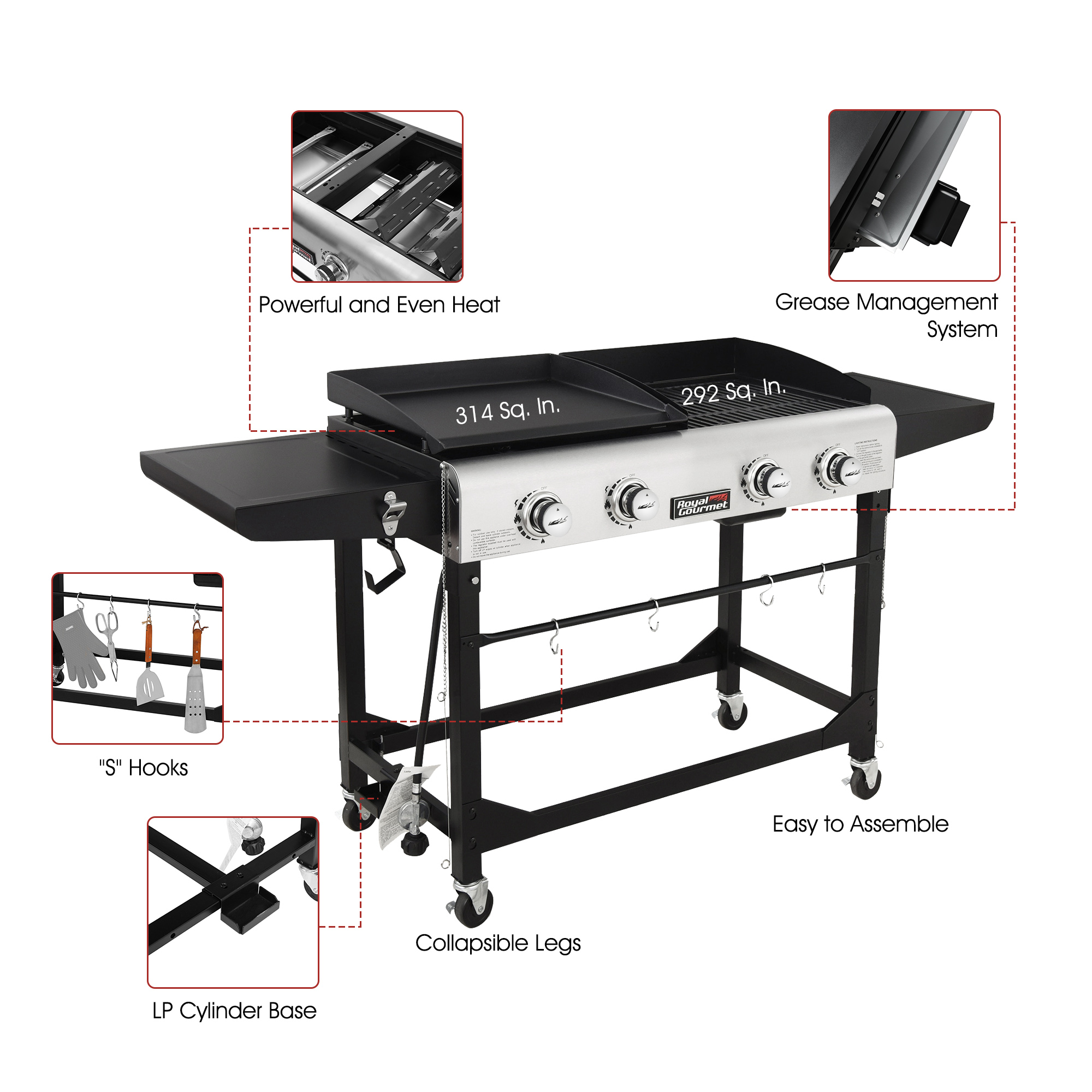 Royal Gourmet 4-Burner GD401 Portable Flat Top Gas Grill and Griddle Combo with Folding Legs - image 5 of 9