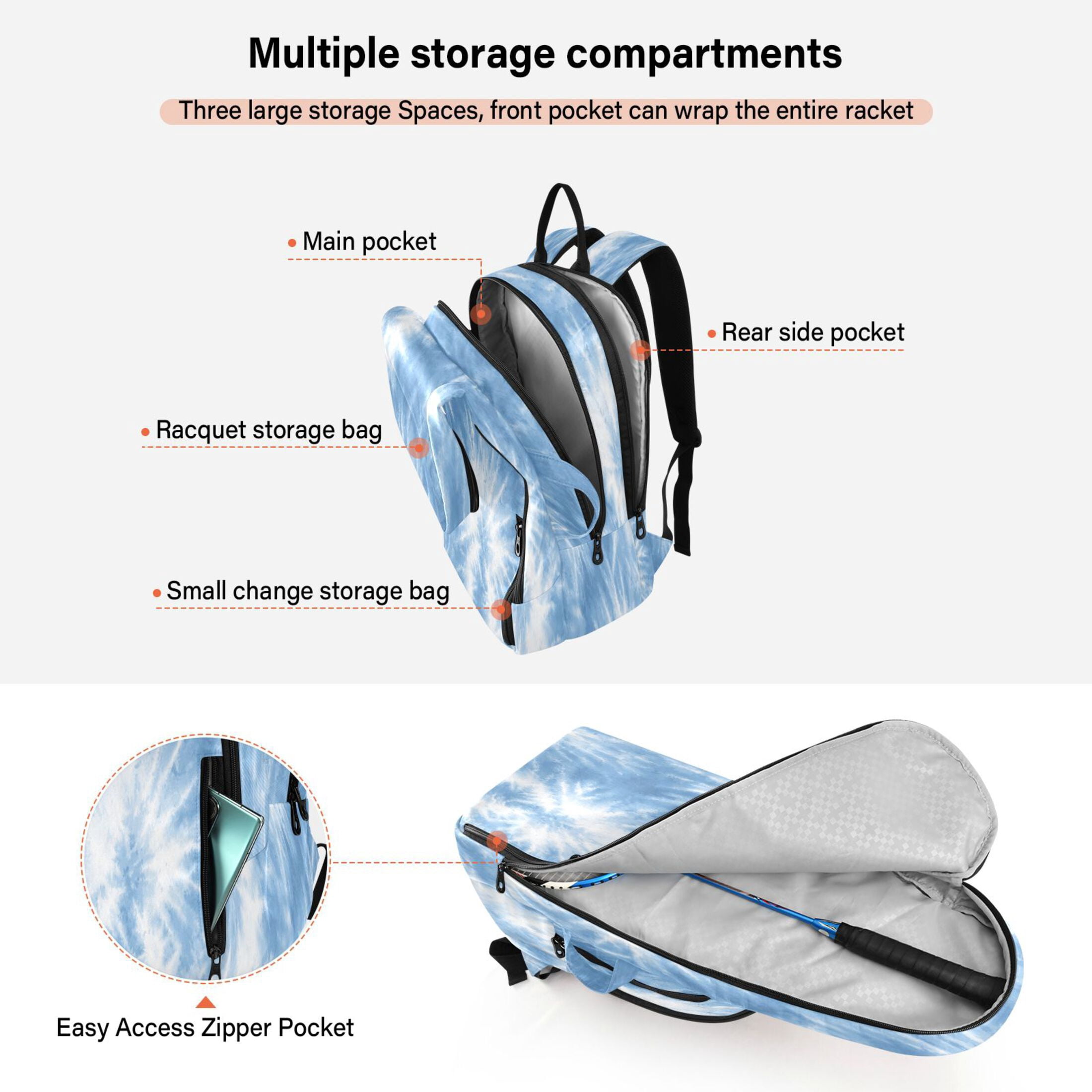 2 Racquet Holder Tennis Backpack Tennis Racket Covers Gym Bags Warm Blue Tie-dye Pattern