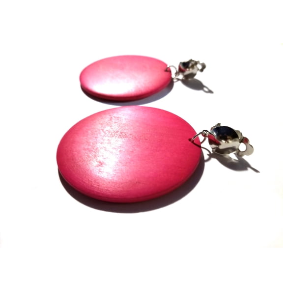 Clip-on Earrings Circle Wood Earrings Pink Earrings 2.75 in L
