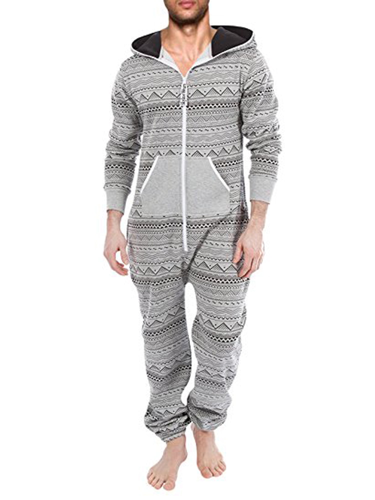 Men's Adult Non-Footed Jumpsuit one-Piece Pajama Zipper Hoodie Playsuit 
