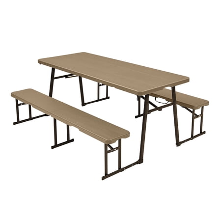 Living and More 3-Piece Picnic Table Set, 6 Foot Polyethylene Folding Table with 2 Folding Benches, Weather Resistant, Indoor Outdoor, Light Brown Wood Finish with Dark Brown Legs