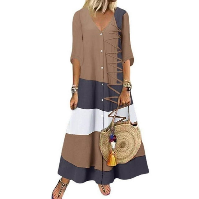 Robe Maxi à Col en V Profond Colorblock pour Femmes Été Décontracté Manches Mi-Longues Longues
