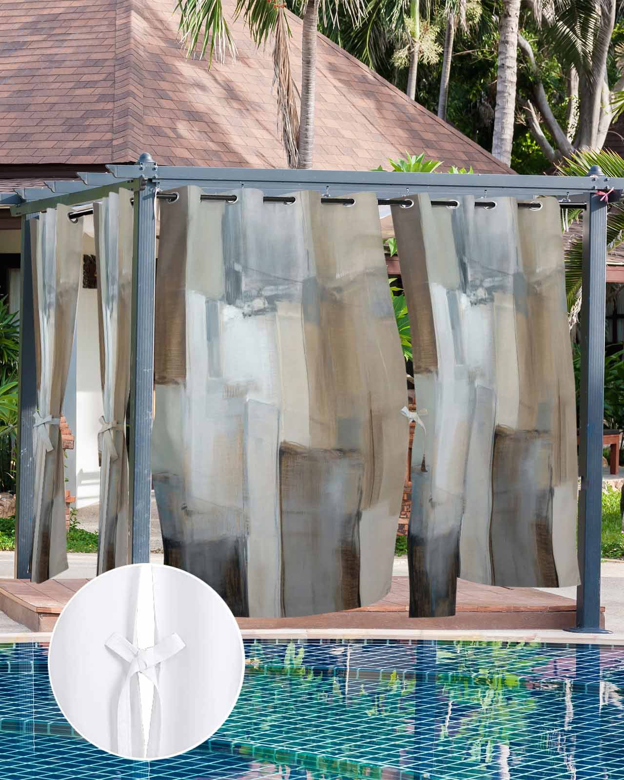 Blue Grey Art Outdoor Curtains for Patio, Vintage Painting Abstract Retro Art Privacy Drapes Grommet Waterproof Outside Curtains for Porch/Cabana/Balcony 54"x 95", 2 Panel