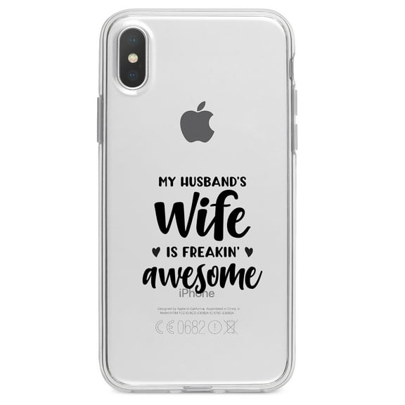 DistinctInk Clear Shockproof Hybrid Case for iPhone XR (6.1" Screen) - TPU Bumper Acrylic Back Tempered Glass Screen Protector - My Husband's Wife is Freaking Awesome