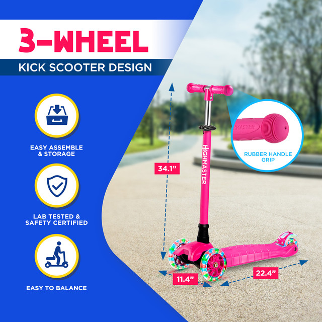 Highmaster 3-Wheel Toddler Scooter for 2 to 8 Year Old boy - 3 Wheeled Kids Scooter with Light Up Wheels, Safe and Fun Ride for Kids - Pink