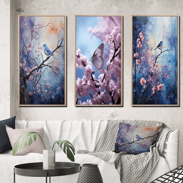 Designart "Pointillism Art of Enchanted Winter Frost II" Animals Framed Wall Art Set Of 3 - Multi-Color Forest Winter Frame Gallery Set For Office Decor