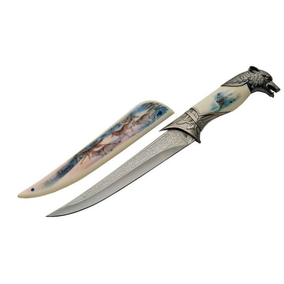 FIXED-BLADE DECORATIVE KNIFE | Wolf Pack 13.5" Display Bowie Silver Blade