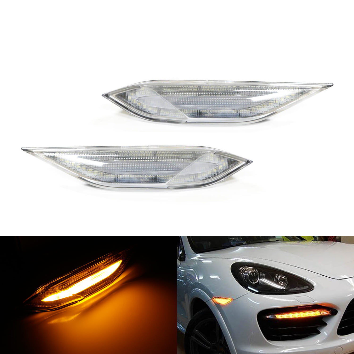 iJDMTOY Clear Lens Amber Full LED Front Side Marker Light Kit Compatible With 2011-14 Pre-LCI Porsche Cayenne Replace OEM Sidemarker Lamps Powered by SMD LED 