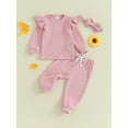 thumbnail image 3 of Newborn Girl Fall Outfits 3 6 9 12 18 24 Months 3Pcs Baby Girl Clothes Set Solid Color Crew Neck Long Sleeve Sweatshirts Long Pants Headband, 3 of 10