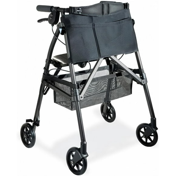 Andador con ruedas Stander Wonder Plus, ligero y plegable, fácil de plegar y transportar, ideal para personas mayores y adultos, con ruedas de 6 pulgadas, frenos con bloqueo y asiento acolchado con re