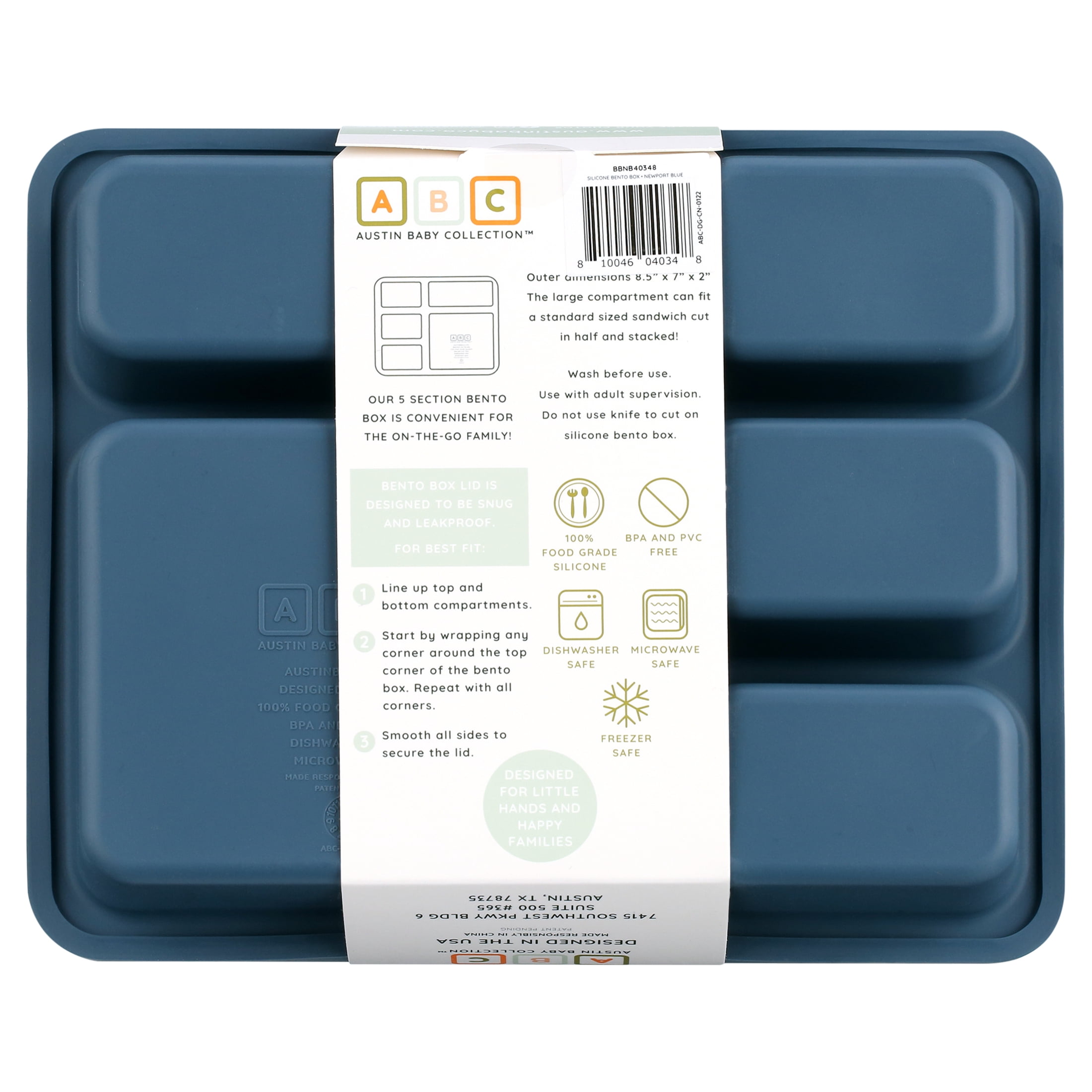 Austin Baby Co Bento Lunch Box for Toddler and Kids – Silicone Lunch Container with 5 Leak-Proof Compartments – Food-Safe Materials, Sturdy, Dishwasher Safe, and BPA Free (Newport Blue)