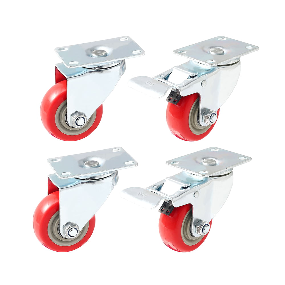4 Pack 3" Caster Wheels Swivel Plate Total Lock Brake Red Polyurethane PU 