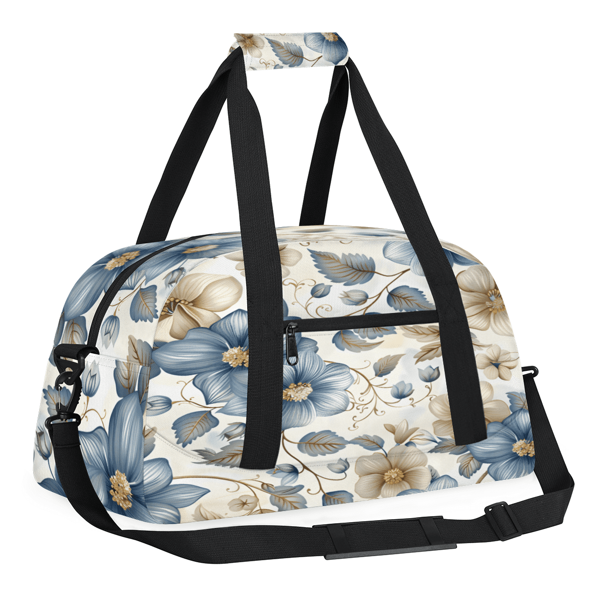 Herdesigns Boho Floral Sports Duffle Bag for Women & Men, Beige Blue Grey White Flower Gym Bag Dance Bag Overnight Bag Carry On Weekender Travel Bag
