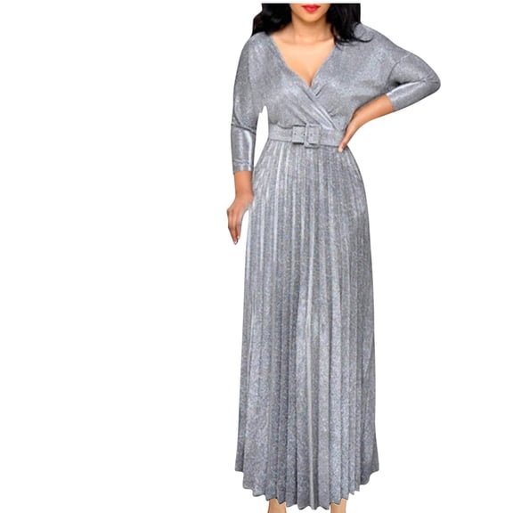 Sexlip Womens Long Sleeve Maxi Dress Metallic Sheen Design Belted Waist Flared Skirt Lightweight Fabric Formal Silhouette for Wedding Guest Attire Silver XXL
