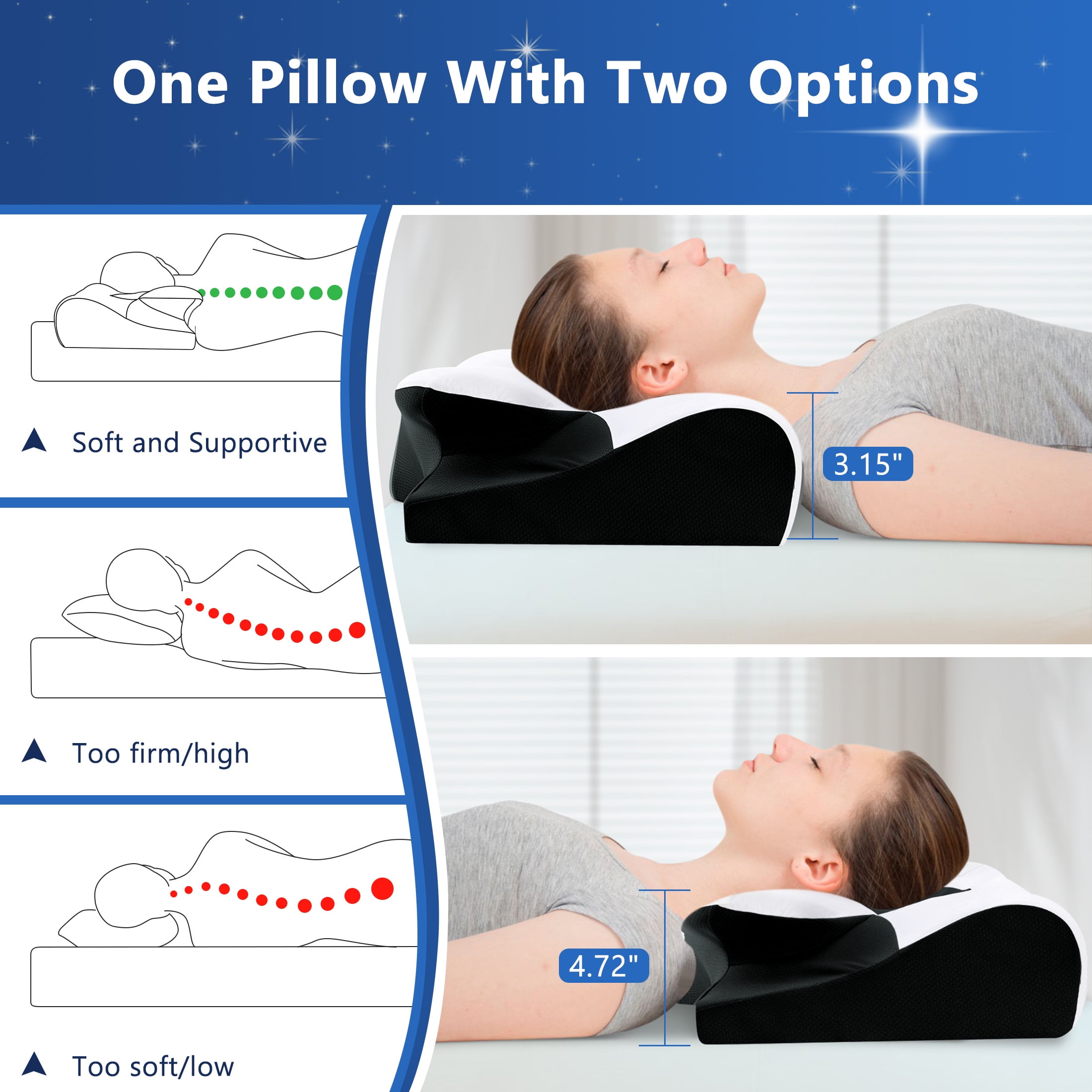DONAMA Cervical Neck Pillow for Pain Relief Sleeping,Memory Foam Pillow with Breathable Pillowcase,Orthopedic Ergonomic Contoured Support for Side,Back and Stomach,Queen Size 23.62"×14.17"×4.72" Black