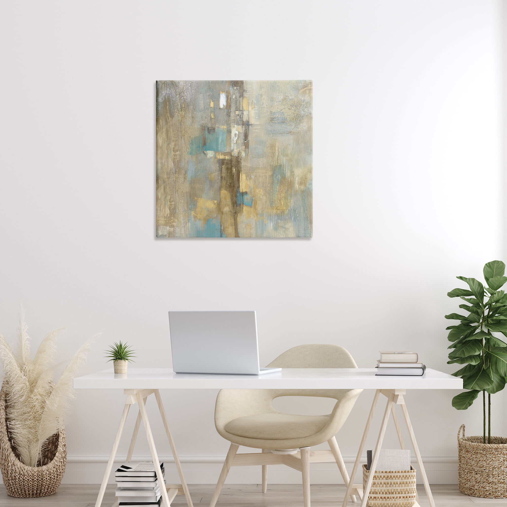 Stupell Industries Gold Abstract with Blue Abstract Painting Wrapped Canvas Art Print Wall Art, 30 x 30