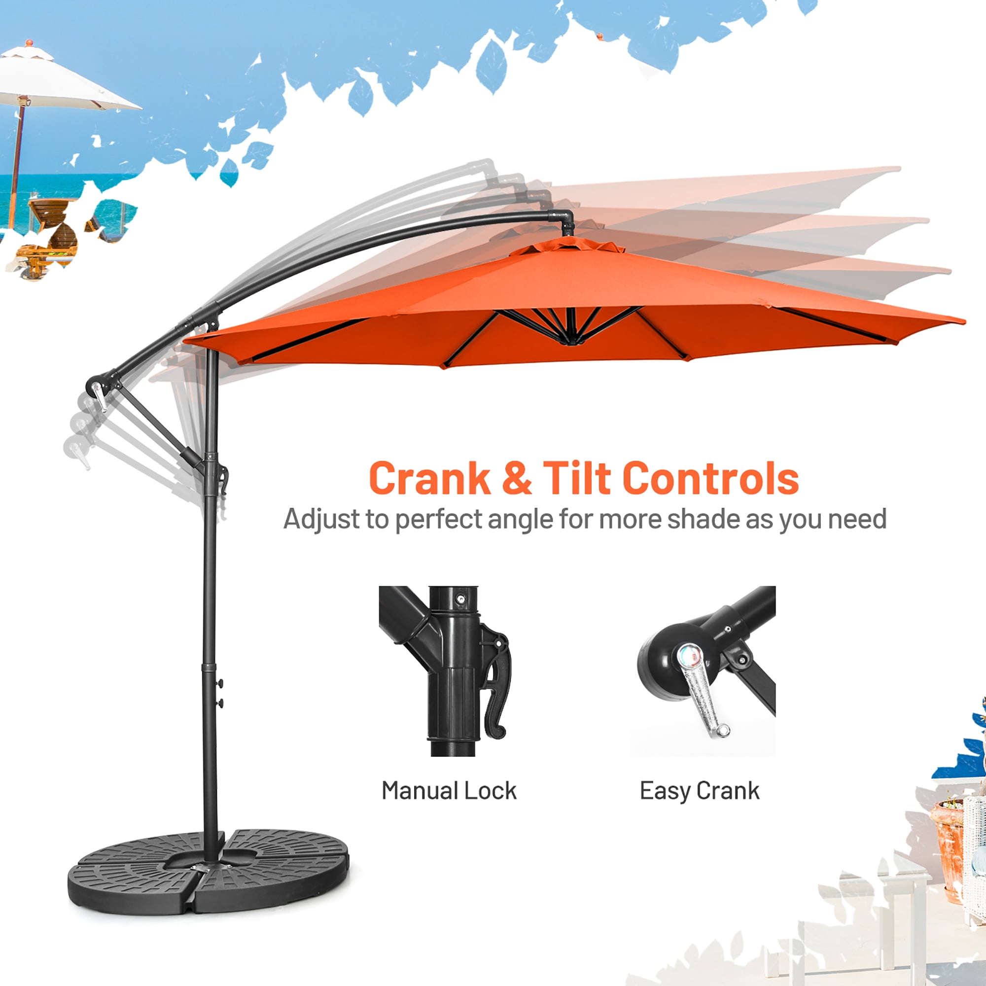 Costway  10 FT Patio Offset Umbrella w/8 Ribs Cross Base Tilt Orange