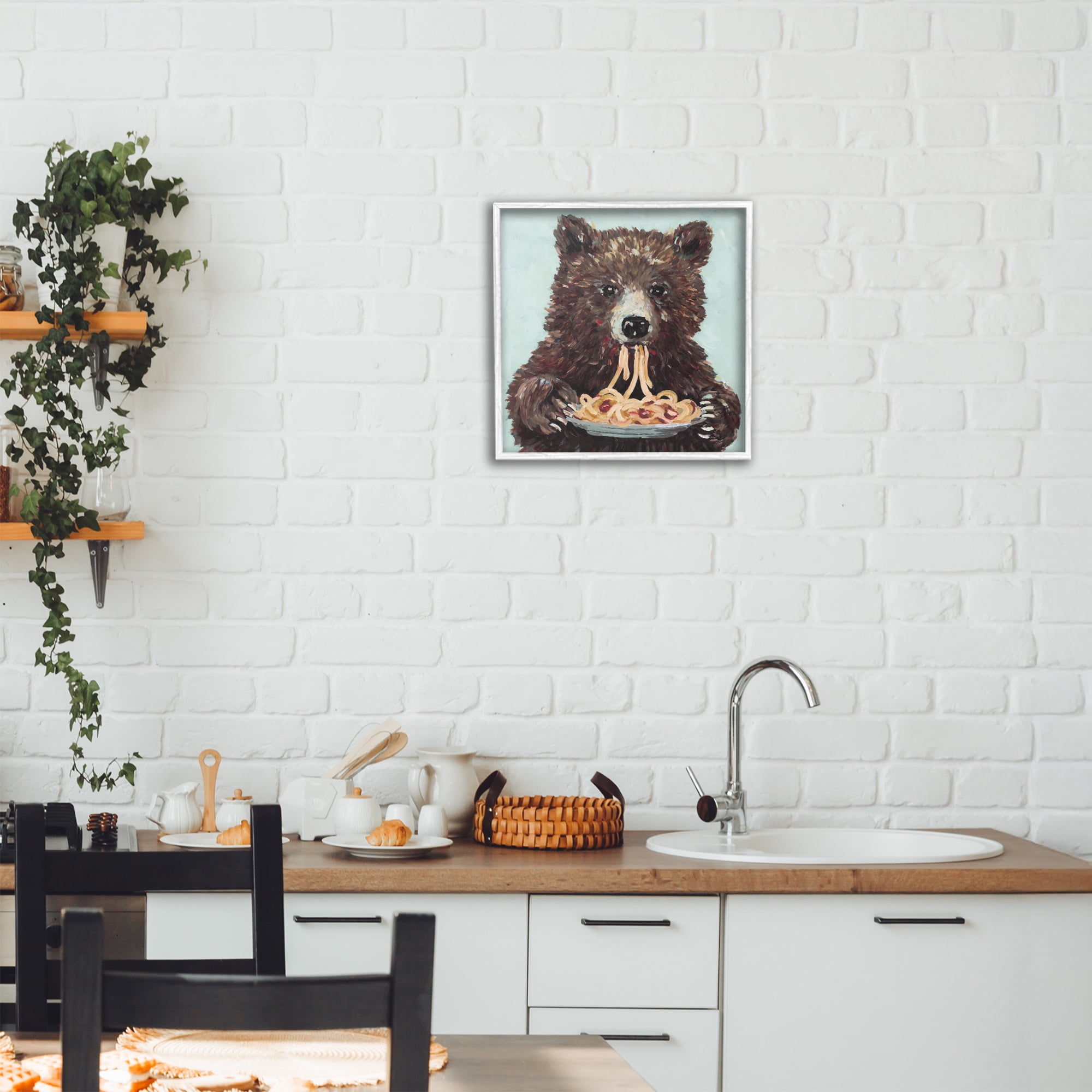 Whimsical Bear & Spaghetti White Framed Giclee Art, design by Studio Bautista