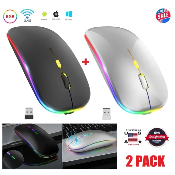 RHEA- 2× Wireless Bluetooth Optical Mouse Led 2.4Ghz Usb Rechargeable Mice Pc Laptop