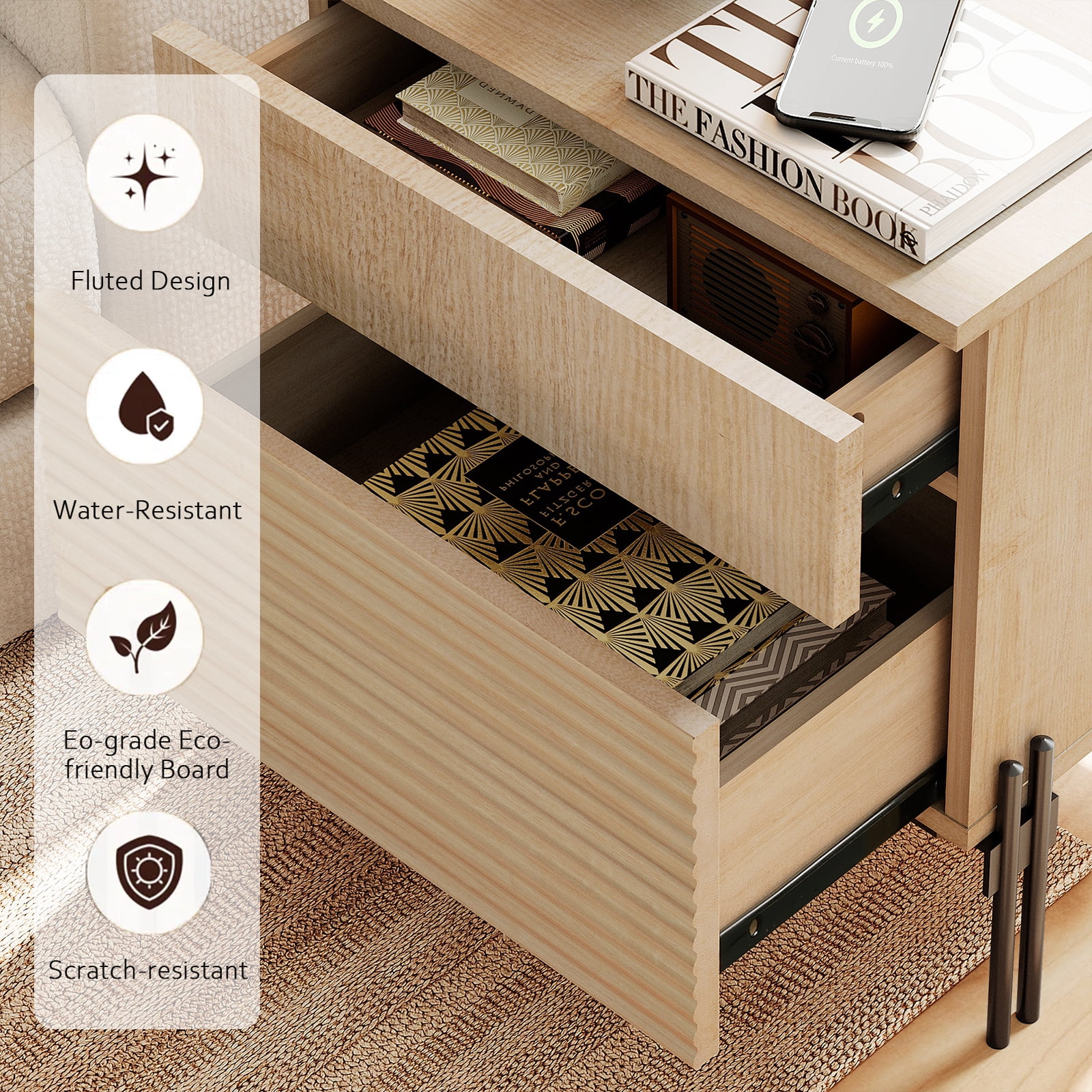 Modern Minimalist Nightstand With 2 Drawers,Reeded Wood End Table With Built-In Charging Station For Bedroom, Living Room,Entryway