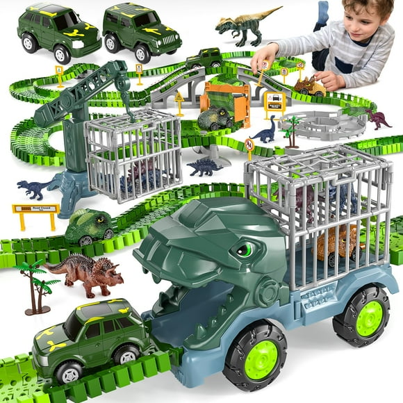 Create Your Own Dinosaur World Road Race with 295 Pcs Construction Toys, Flexible Track Playset, Dinosaur Truck, Jeeps, Dino Cars and 8 Dinos for 3-6 Year Old Boys