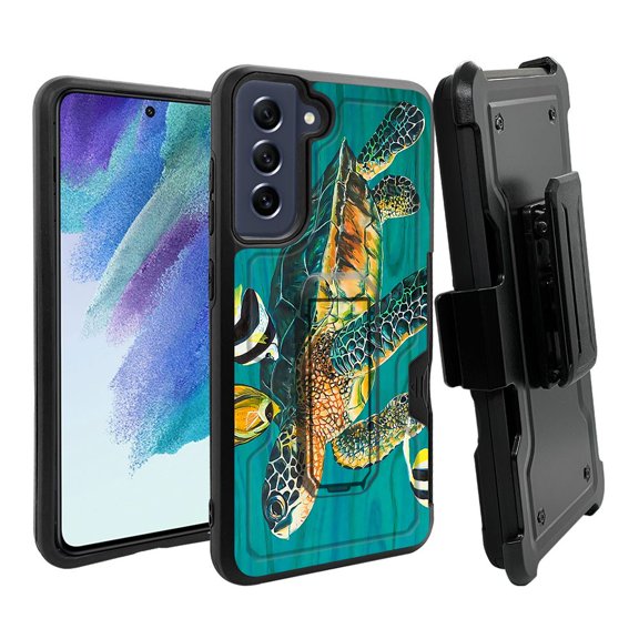 ANJ  Rugged Dual Layer Hybrid Holster Kickstand Case w/ Card Slot   Tempered Glass Cover for Samsung Galaxy S21 FE 5G - Tropical Sea Turtle