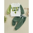 thumbnail image 3 of Elippeo Toddler Boys Irish Day Sets 3M 6M 12M 18M 24M 3Y St Patricks Day Long Sleeve Letter Four Leaf Clover Embroidery Pullover and Drawstring Pants Sets, 3 of 10