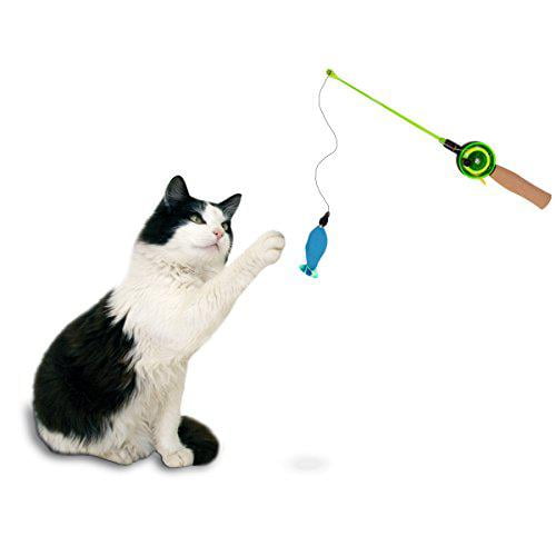 cat fishing pole with fish and lure ball Kid Casters Caster Toy | Tangle Free & Easy to Store. Includes Two Interchangeable Teaser Toys Electronic toys are ideal for alleviating boredom inhouse cats of all ages by providing hours of heart Yirtree Cat Fishing Pole Toy,