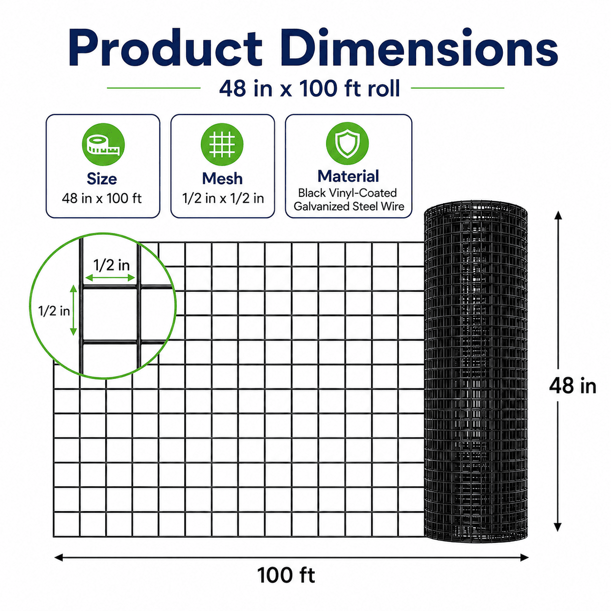 Yeslife 48 in. x 100 ft Hardware Cloth, 1/2 in. Mesh, Black Vinyl-Coated Galvanized Steel Wire Fence Roll, Welded Wire Mesh for Chicken Coops, Rabbit Cages, Gardens, and Small Animal Fencing