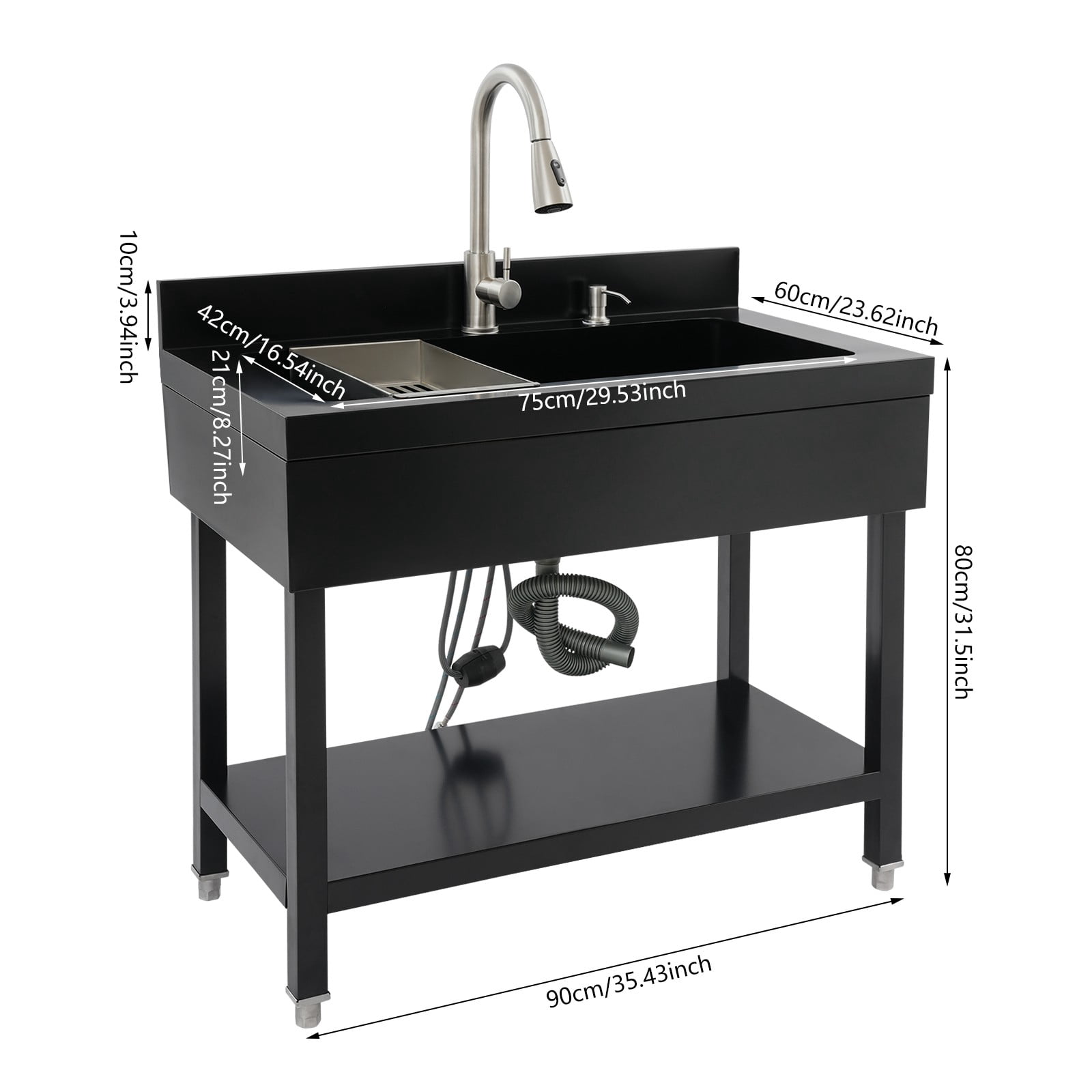 Freestanding Sink, Kitchen Sink, Black Stainless Utility Laundry Basin, 35.4”, 201 Steel, 360° Swivel Pull-Out Faucet, Dual Water Modes, Hot & Cold, Storage Shelf, Draining Basket, Durable