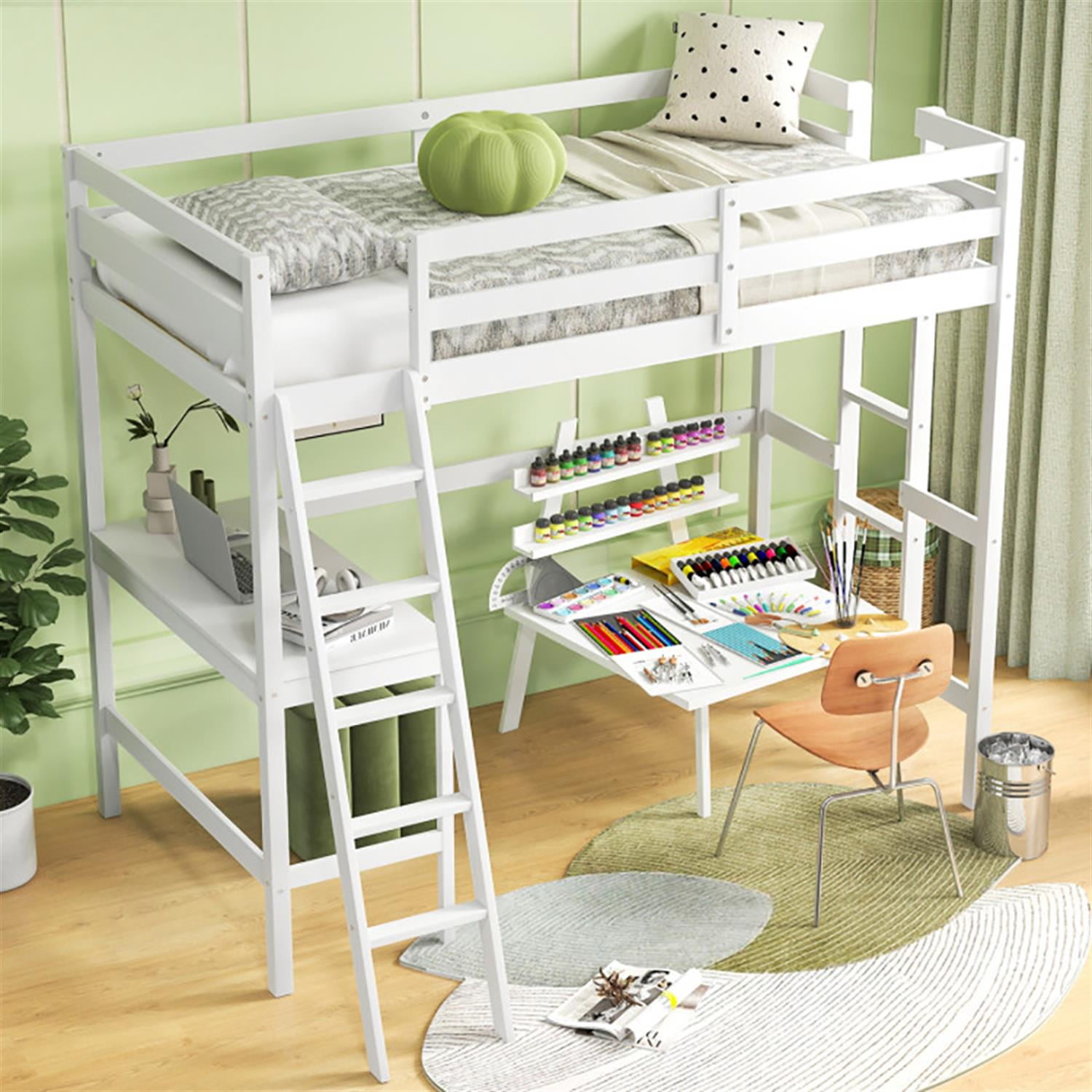 Demi Bonn Loft Bed Twin Size, Solid Wood Loft Bed with Desk Angled and Built-in Ladder, Modern Wooden Playhouse Bed Frame, White