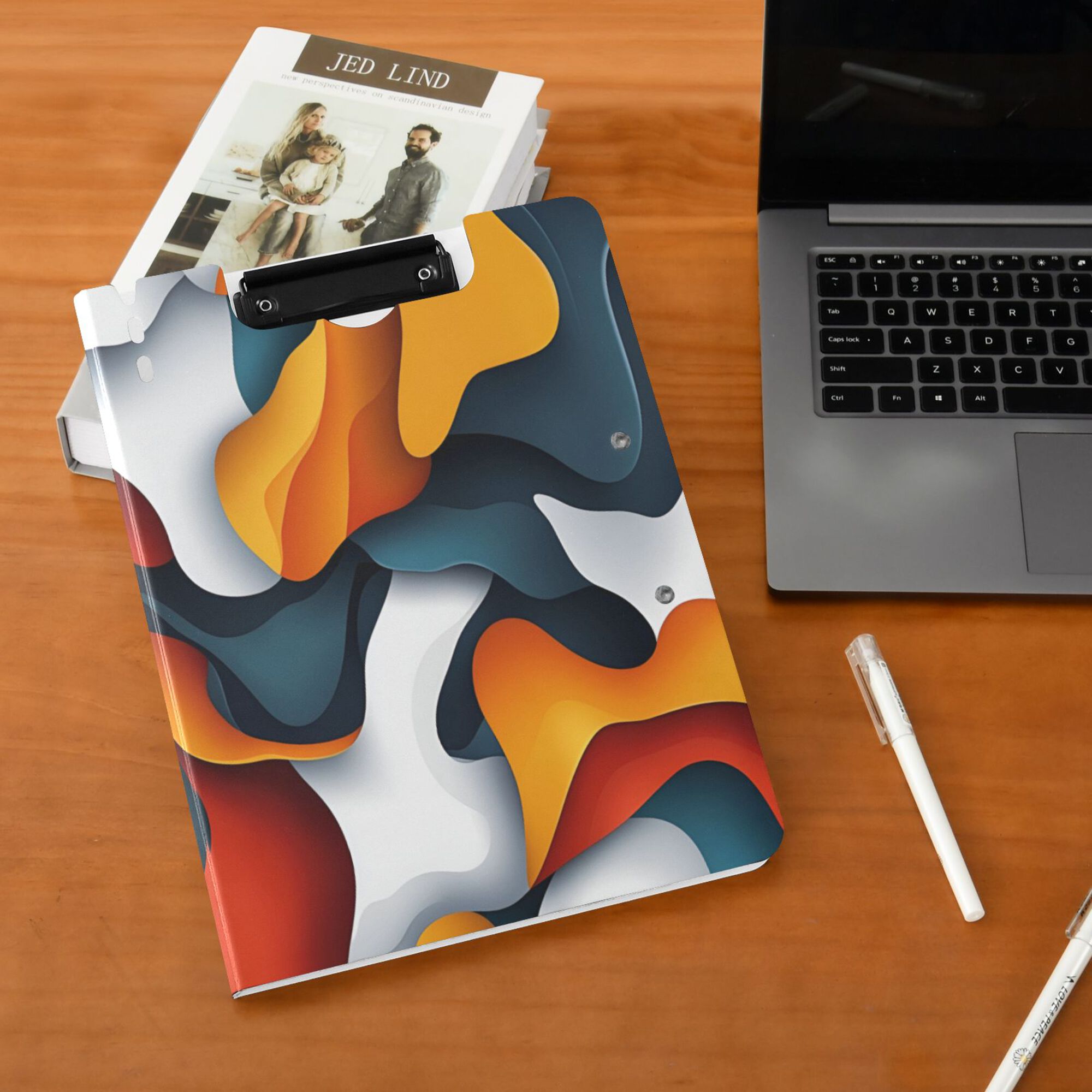 FORMRS A4 Clipboard Folder with Pen Holder Horizontal Foldable School Office Binder, Abstract Wavy