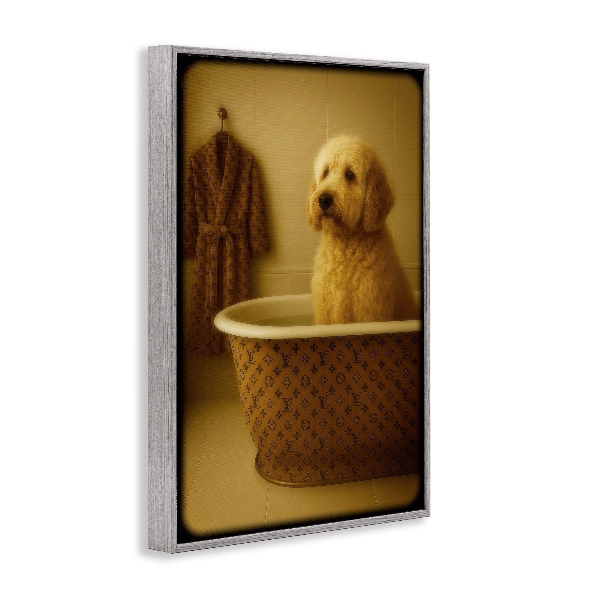Stupell Industries Couture Dog in Luxury Tub Gray Framed Giclee Art, design by Grotto Studios