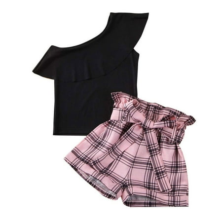

Kids Girls Summer Solid Off Shoulder Top Plaid Shorts Two-piece Fashion Girls Suit