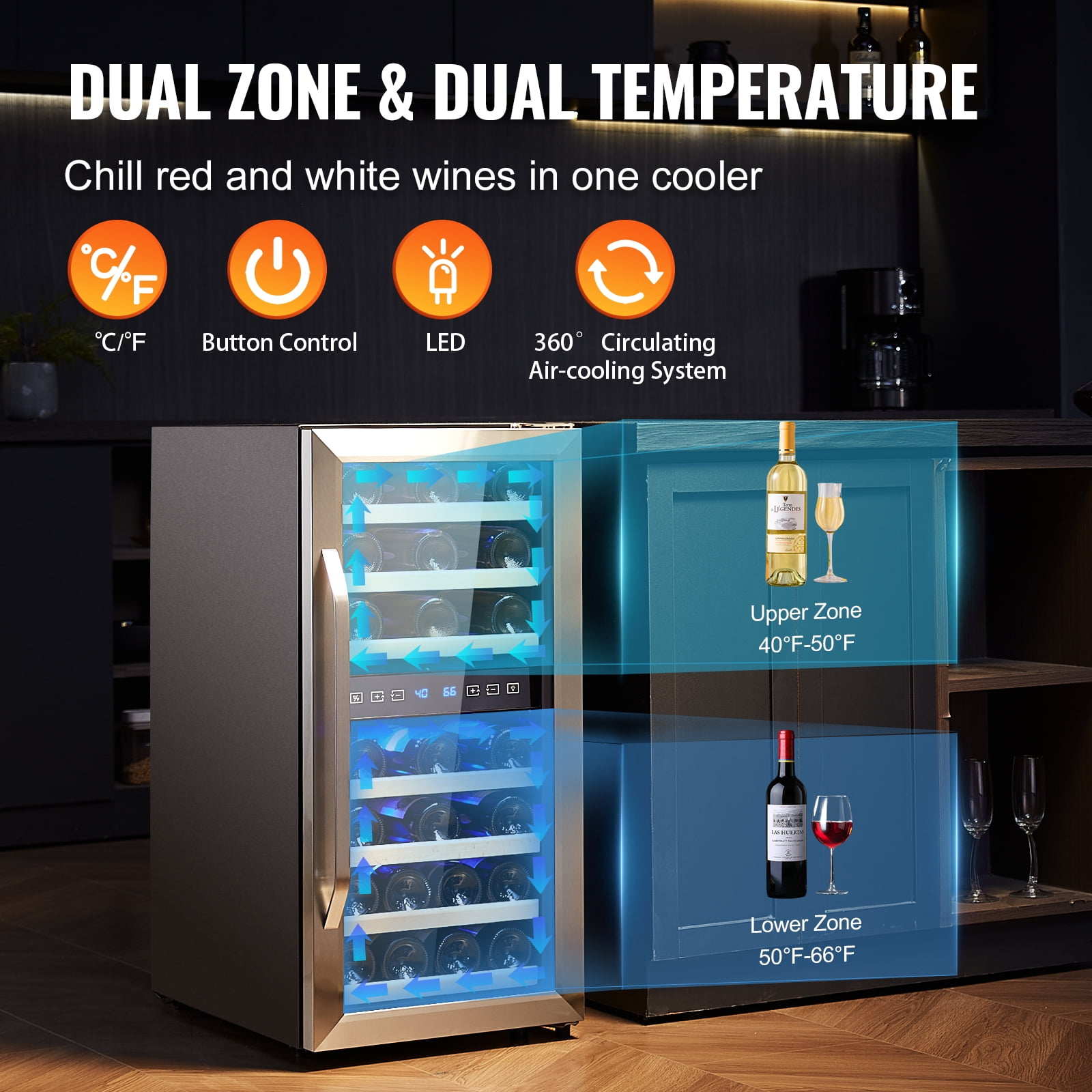 KFFKFF Wine Refrigerator Cooler 33Bottle Small Wine Fridge Dual Zone Temperature Control Mini Freestanding Wine Cellars for Home, Office